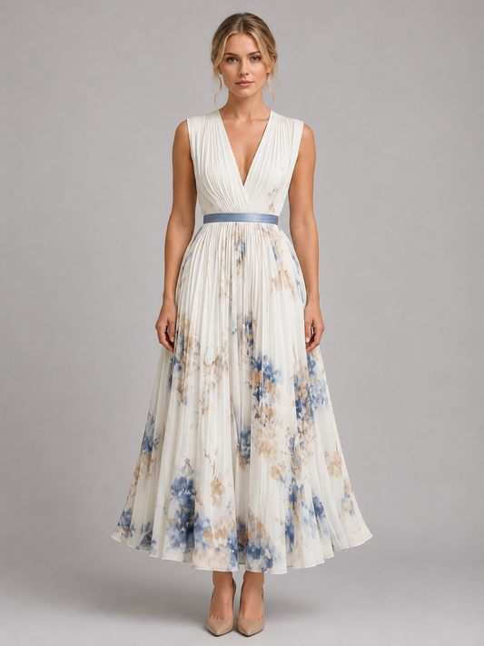 Women’s V-Neck Sleeveless Pleated Floral Dress | Maxi