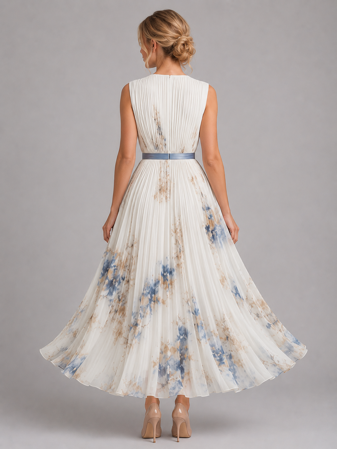Women’s V-Neck Sleeveless Pleated Floral Dress | Maxi