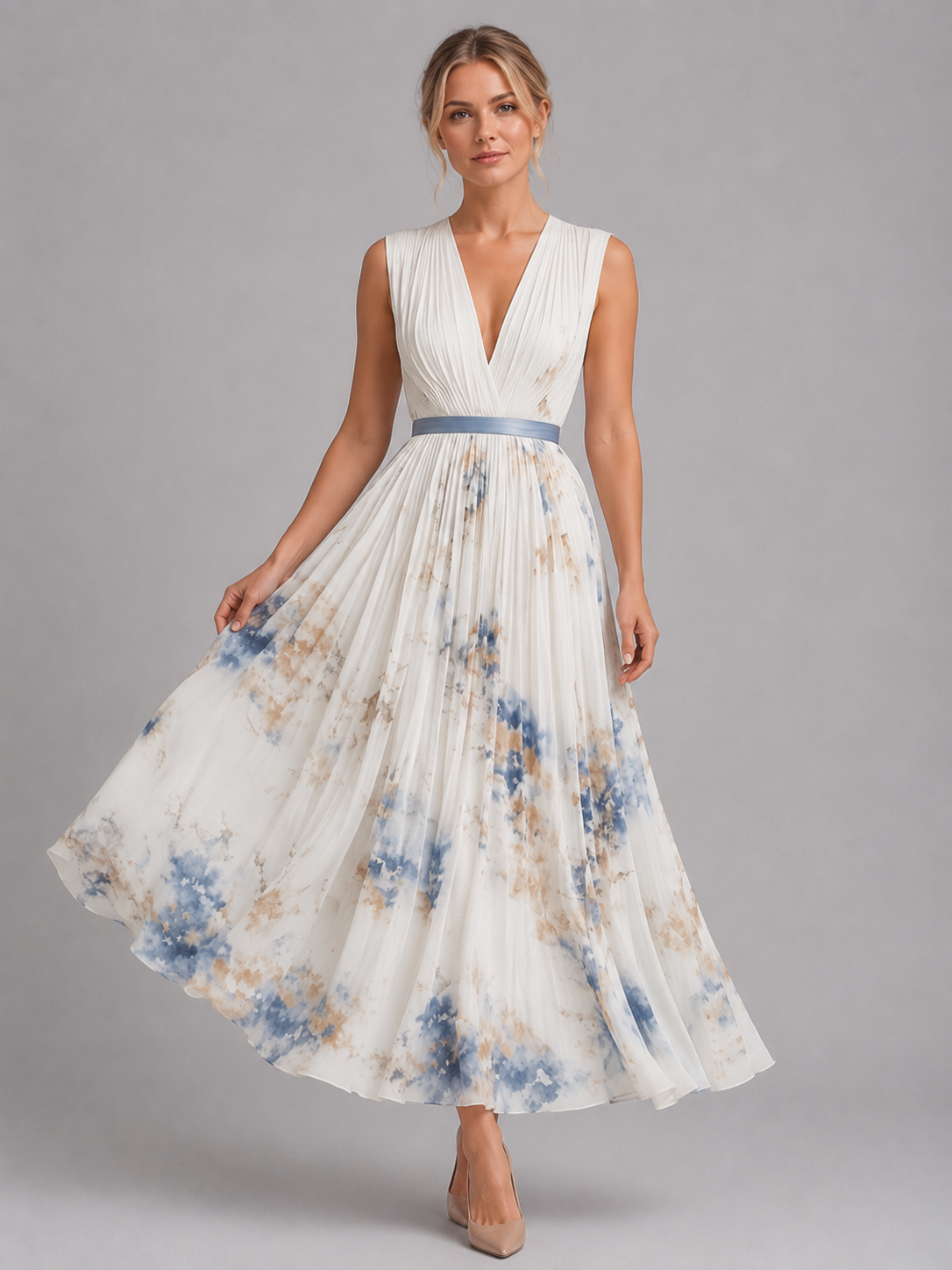 Women’s V-Neck Sleeveless Pleated Floral Dress | Maxi