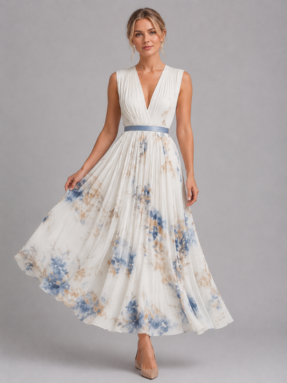 Women’s V-Neck Sleeveless Pleated Floral Dress | Maxi