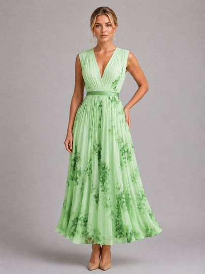 Women’s V-Neck Sleeveless Pleated Floral Dress | Maxi