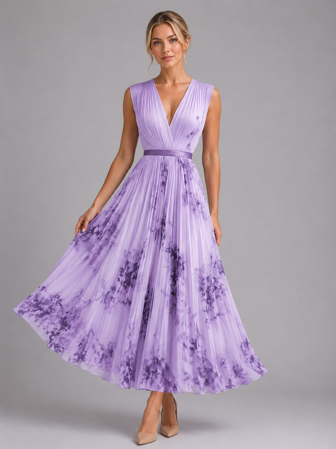 Women’s V-Neck Sleeveless Pleated Floral Dress | Maxi