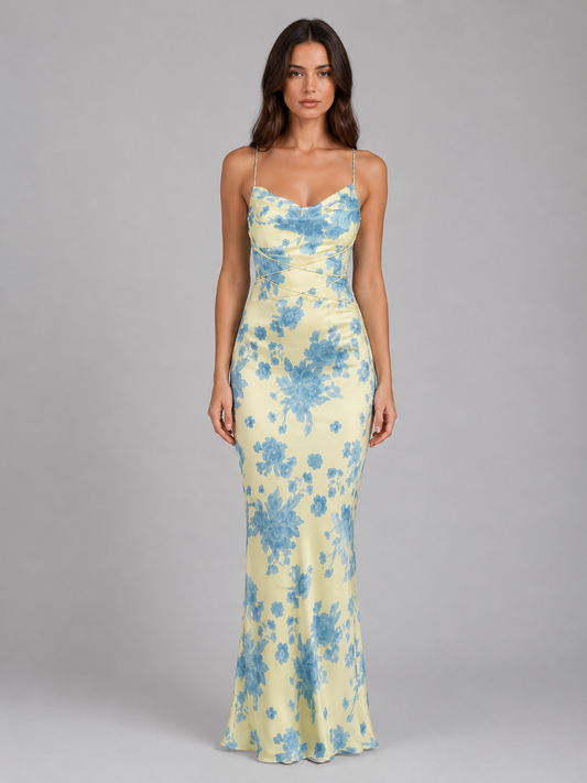 Women's Cowl Neck Floral Maxi Dress | with Spaghetti Straps