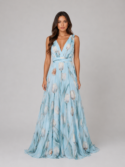 Women’s Floral Print V-Neck Maxi Dress | A-Line Dress for Wedding and Prom