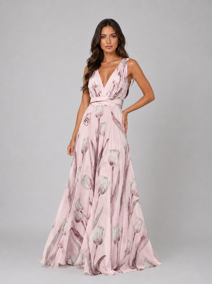 Women’s Floral Print V-Neck Maxi Dress | A-Line Dress for Wedding and Prom