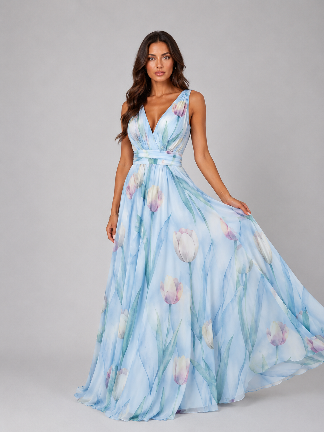Women’s Floral Print V-Neck Maxi Dress | A-Line Dress for Wedding and Prom