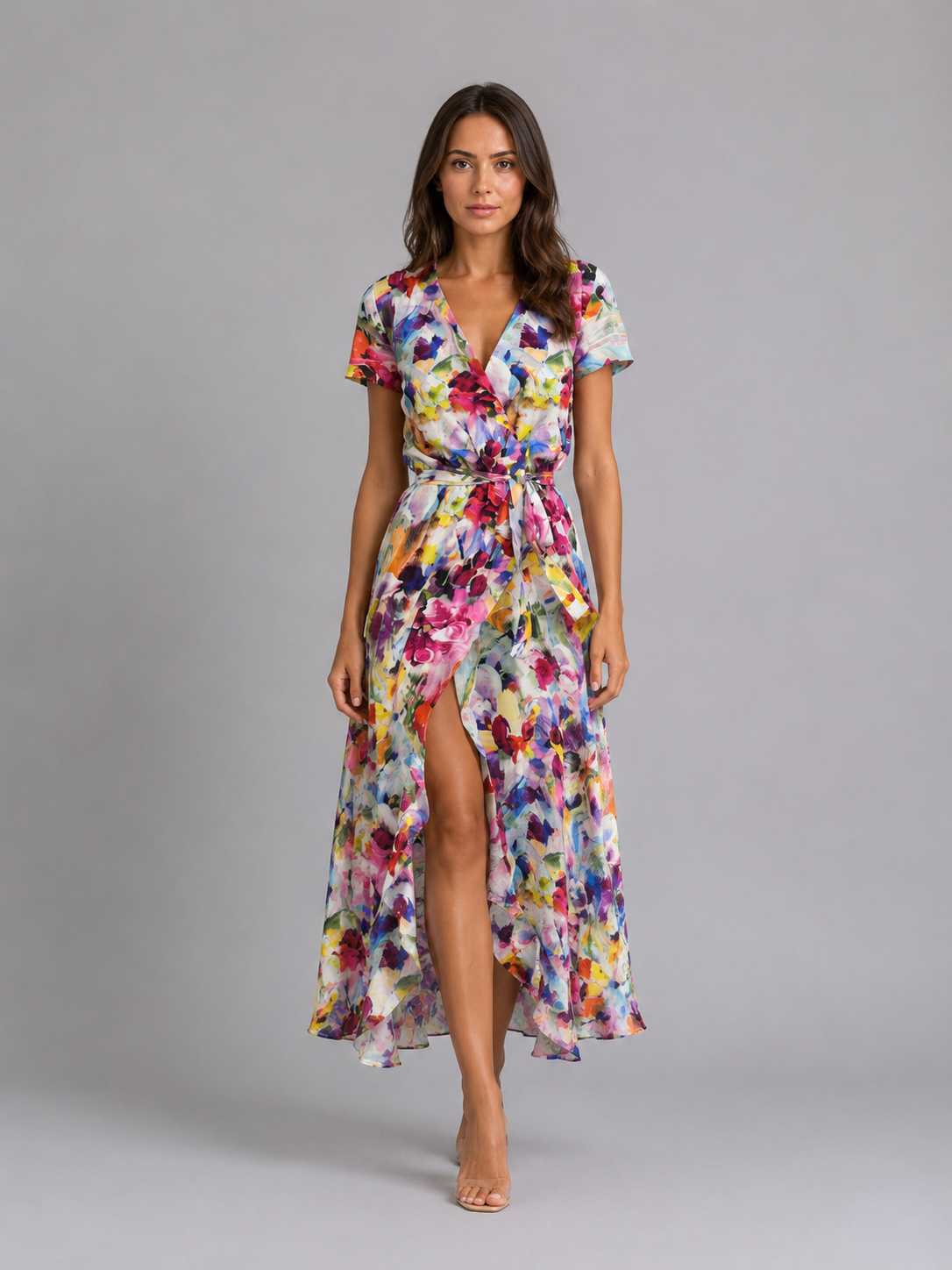 Women's Summer Floral Print Midi Wrap Dress | with High Split