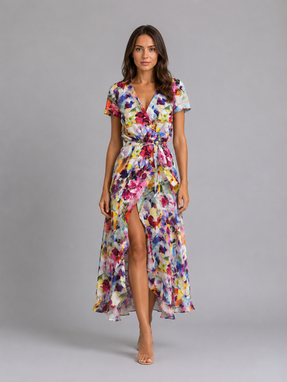 Women's Summer Floral Print Midi Wrap Dress | with High Split
