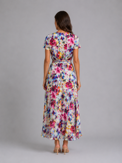 Women's Summer Floral Print Midi Wrap Dress | with High Split