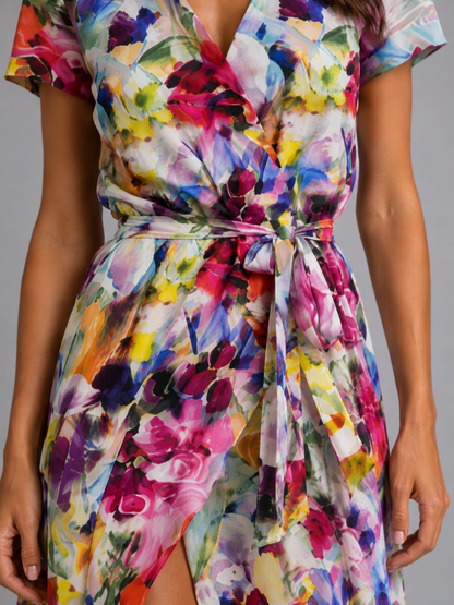 Women's Summer Floral Print Midi Wrap Dress | with High Split