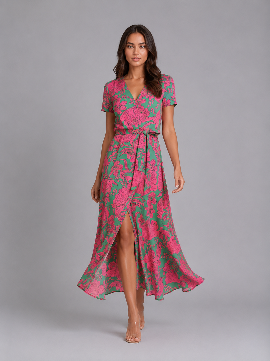 Women's Summer Floral Print Midi Wrap Dress | with High Split