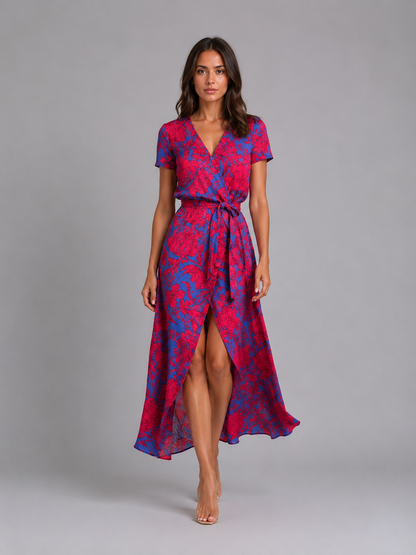 Women's Summer Floral Print Midi Wrap Dress | with High Split