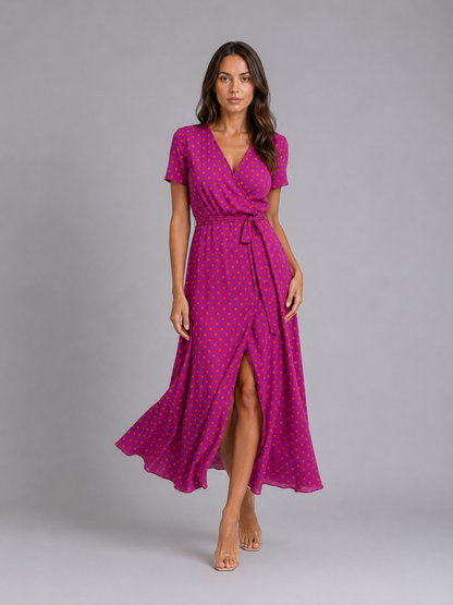 Women's Summer Floral Print Midi Wrap Dress | with High Split