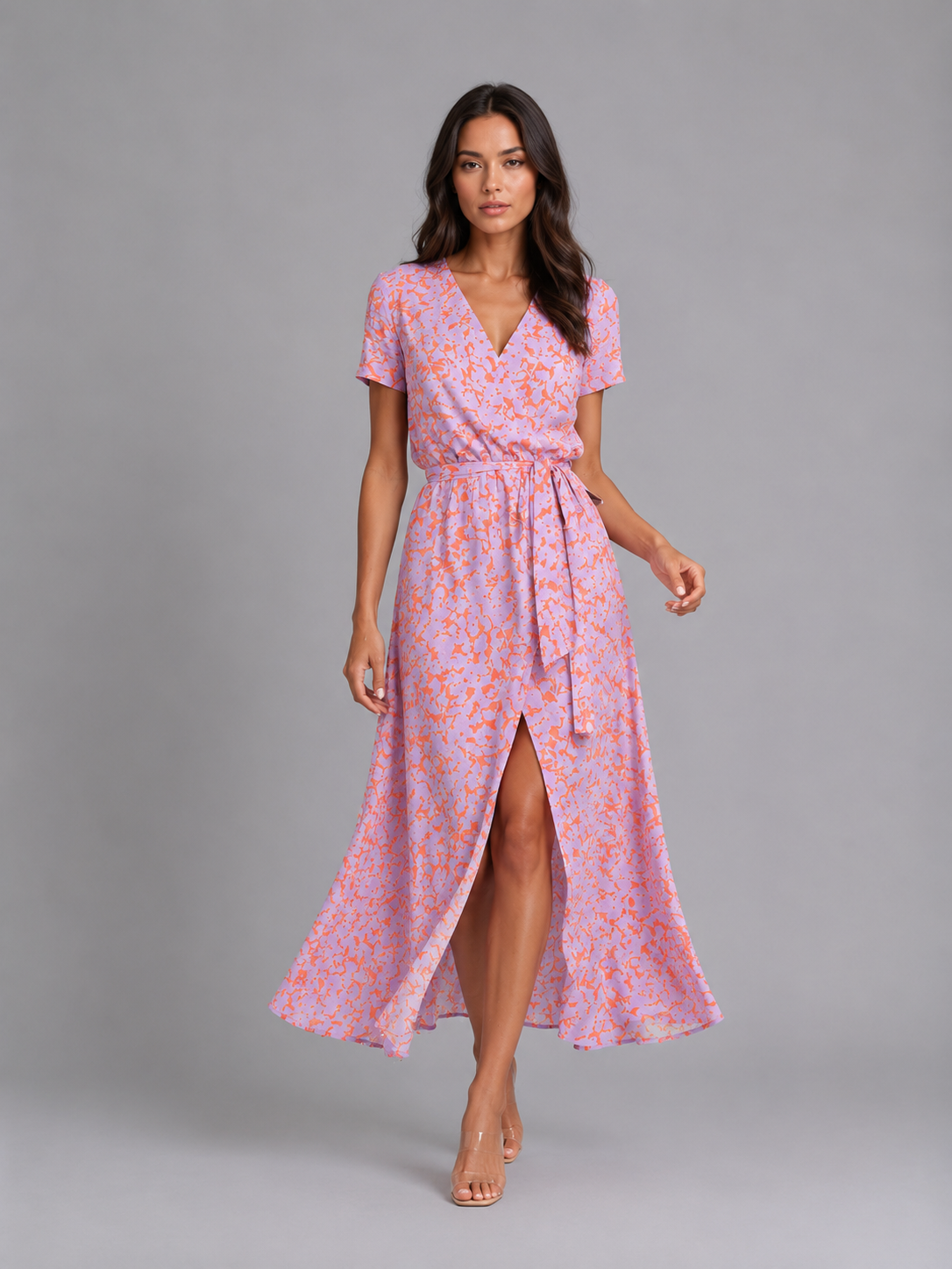 Women's Summer Floral Print Midi Wrap Dress | with High Split