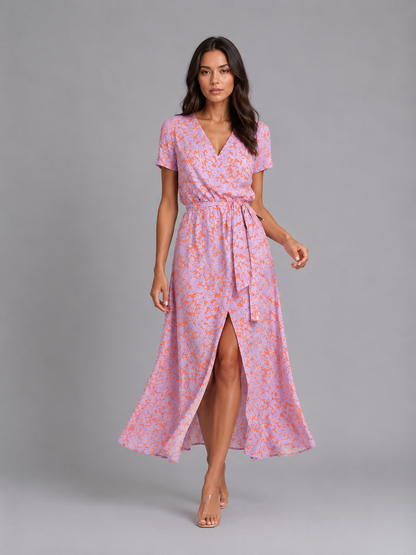 Women's Summer Floral Print Midi Wrap Dress | with High Split