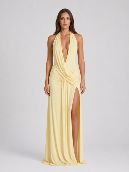 Women's Halter Neck Maxi Evening Gown | with Thigh-High Slit