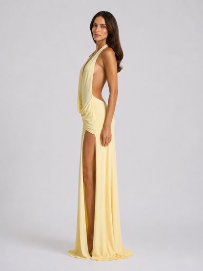 Women's Halter Neck Maxi Evening Gown | with Thigh-High Slit