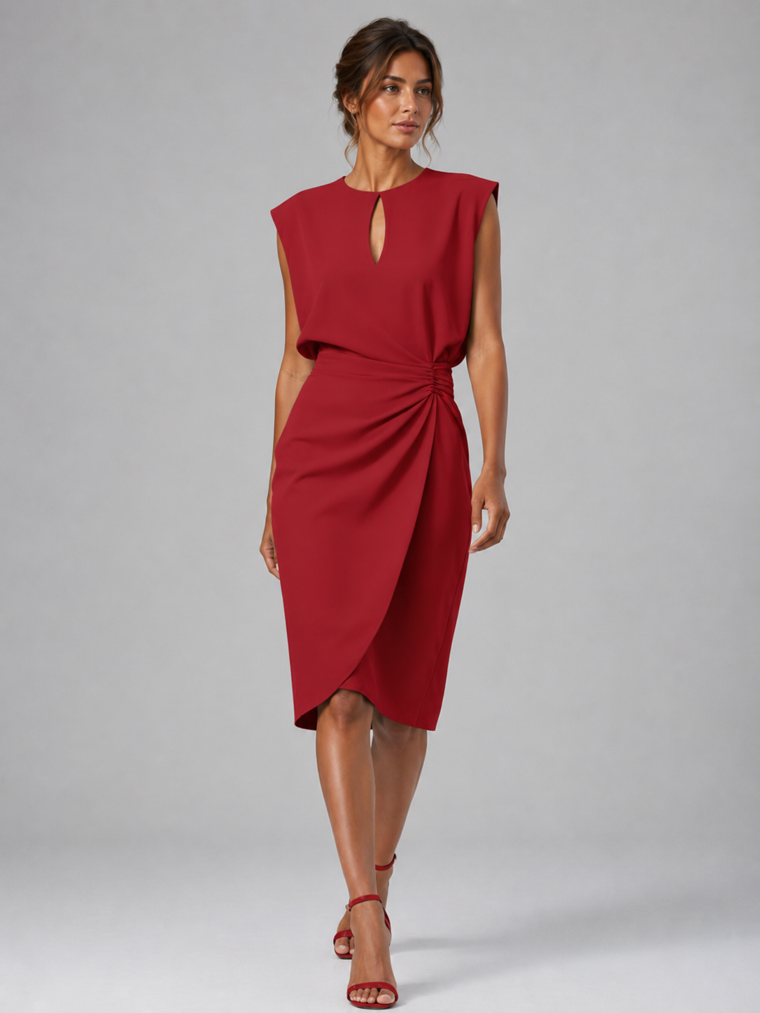 Women's Sleeveless Keyhole Midi Dress | Side Ruched Wrap Sheath