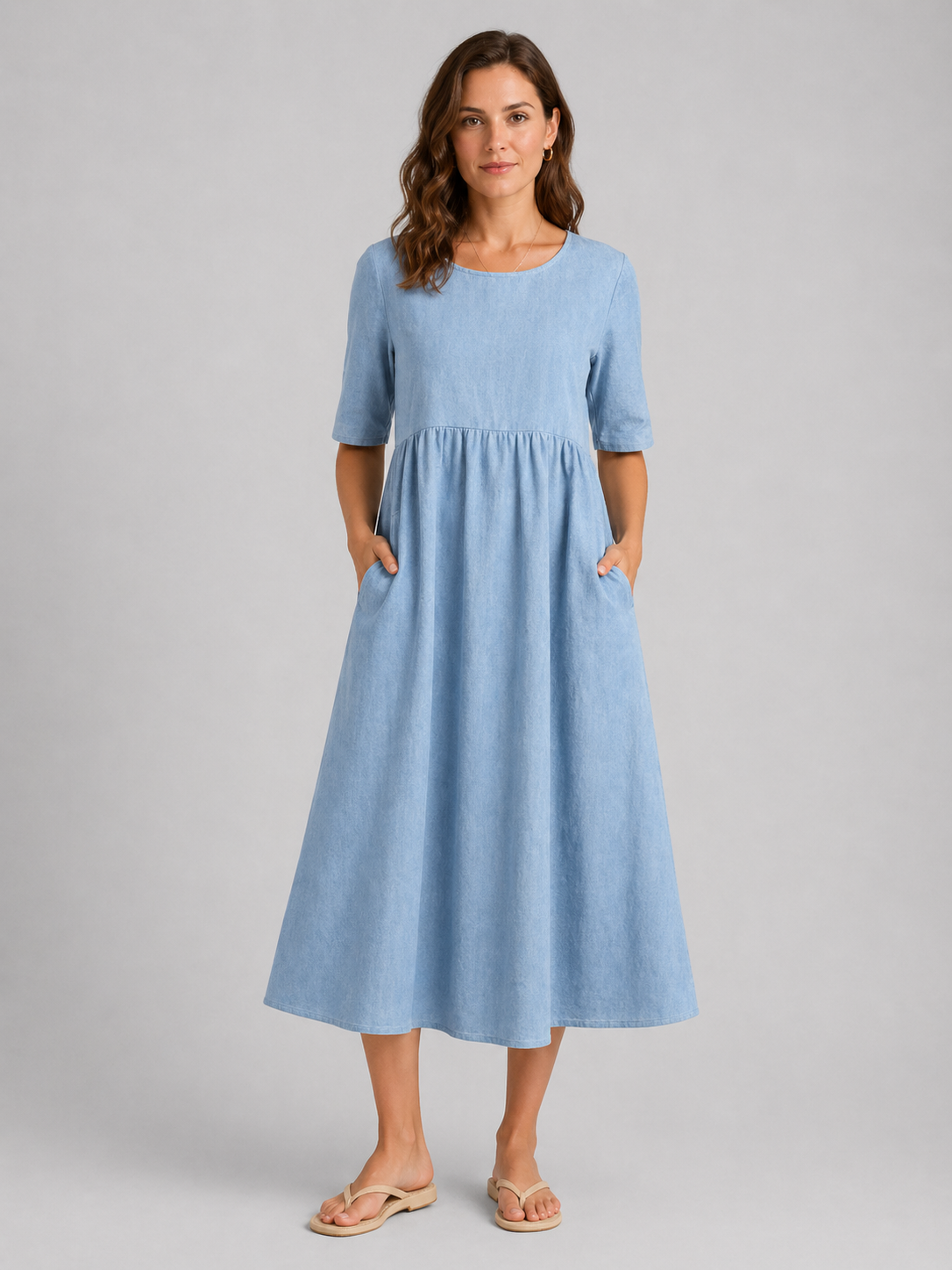 Women’s Casual Empire Waist A-Line Midi Dress | with Pockets