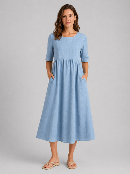 Women’s Casual Empire Waist A-Line Midi Dress | with Pockets