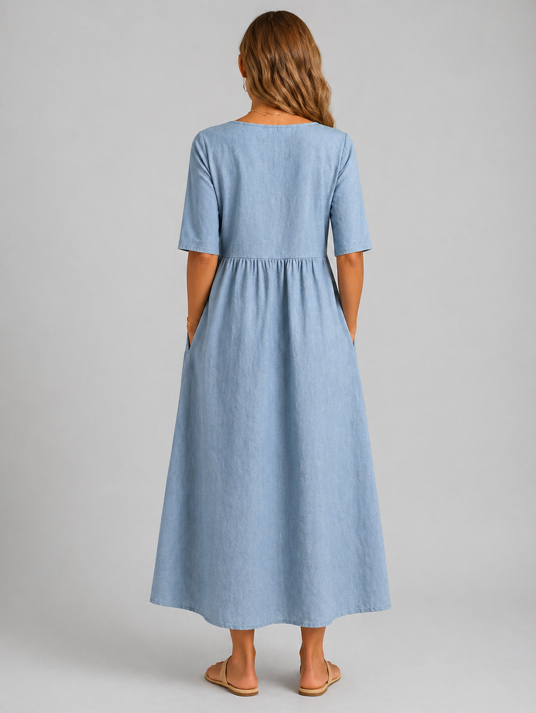 Women’s Casual Empire Waist A-Line Midi Dress | with Pockets