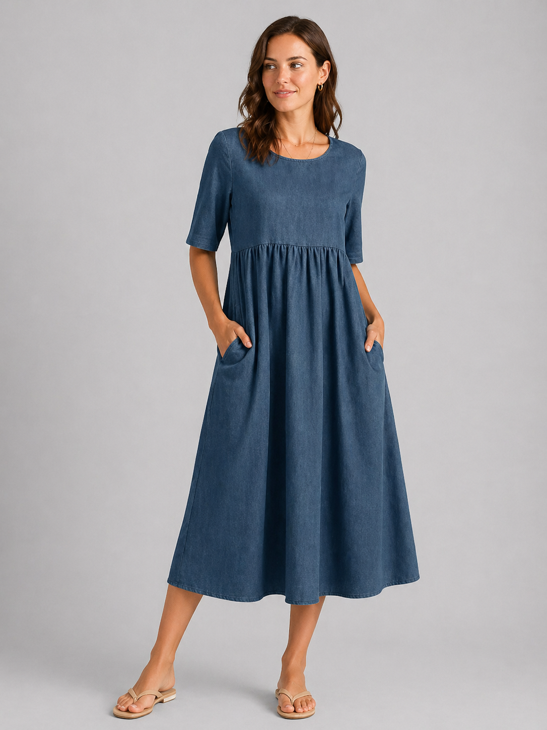 Women’s Casual Empire Waist A-Line Midi Dress | with Pockets