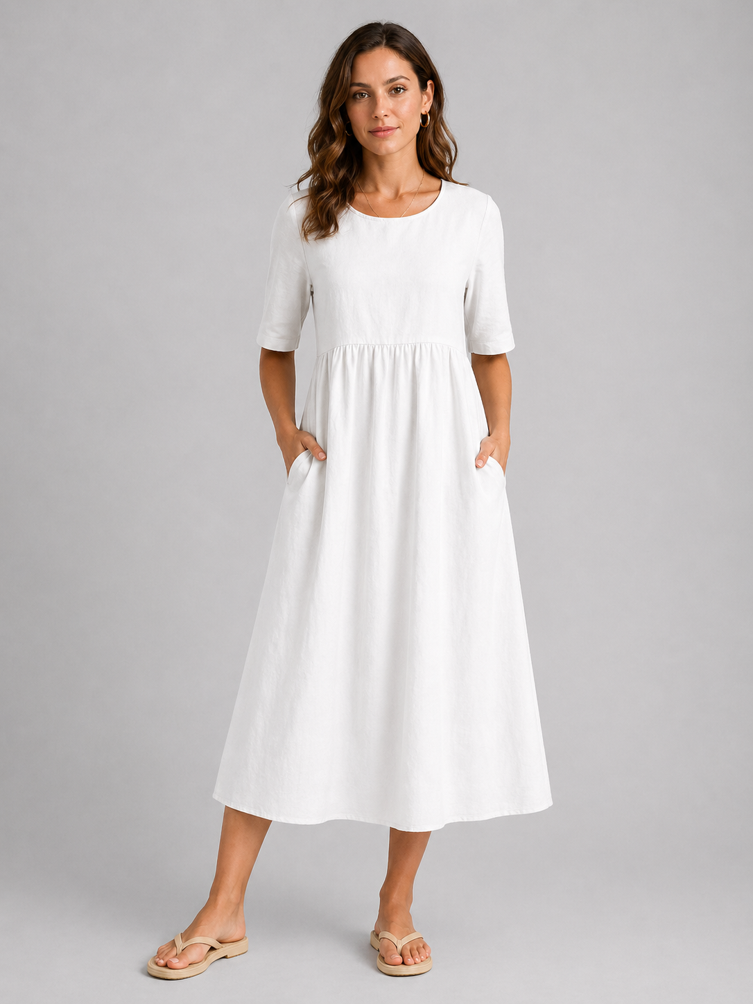 Women’s Casual Empire Waist A-Line Midi Dress | with Pockets