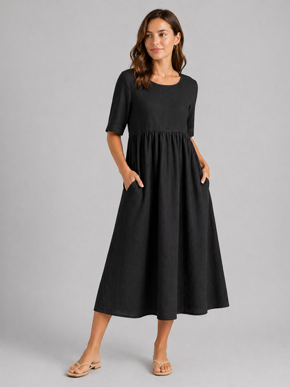 Women’s Casual Empire Waist A-Line Midi Dress | with Pockets
