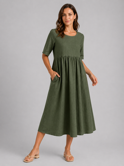 Women’s Casual Empire Waist A-Line Midi Dress | with Pockets