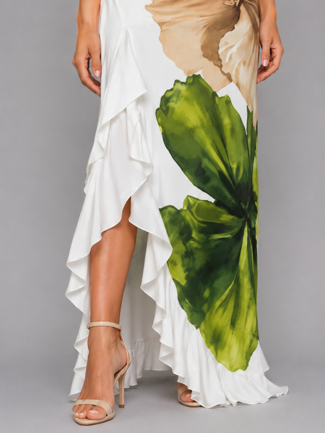 Women’s One-Shoulder Floral Maxi Slip Dress | with Ruffle Slit
