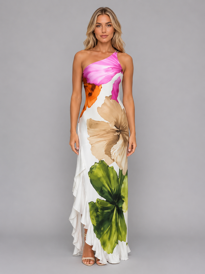 Women’s One-Shoulder Floral Maxi Slip Dress | with Ruffle Slit