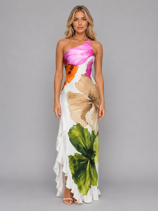 Women’s One-Shoulder Floral Maxi Slip Dress | with Ruffle Slit