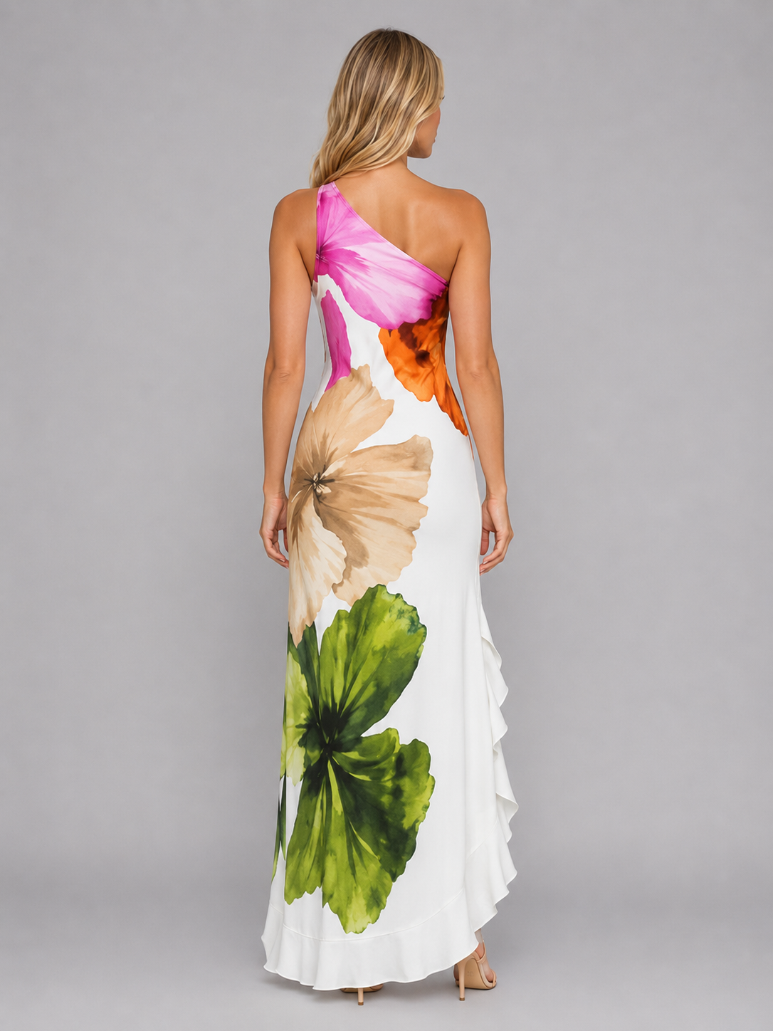 Women’s One-Shoulder Floral Maxi Slip Dress | with Ruffle Slit