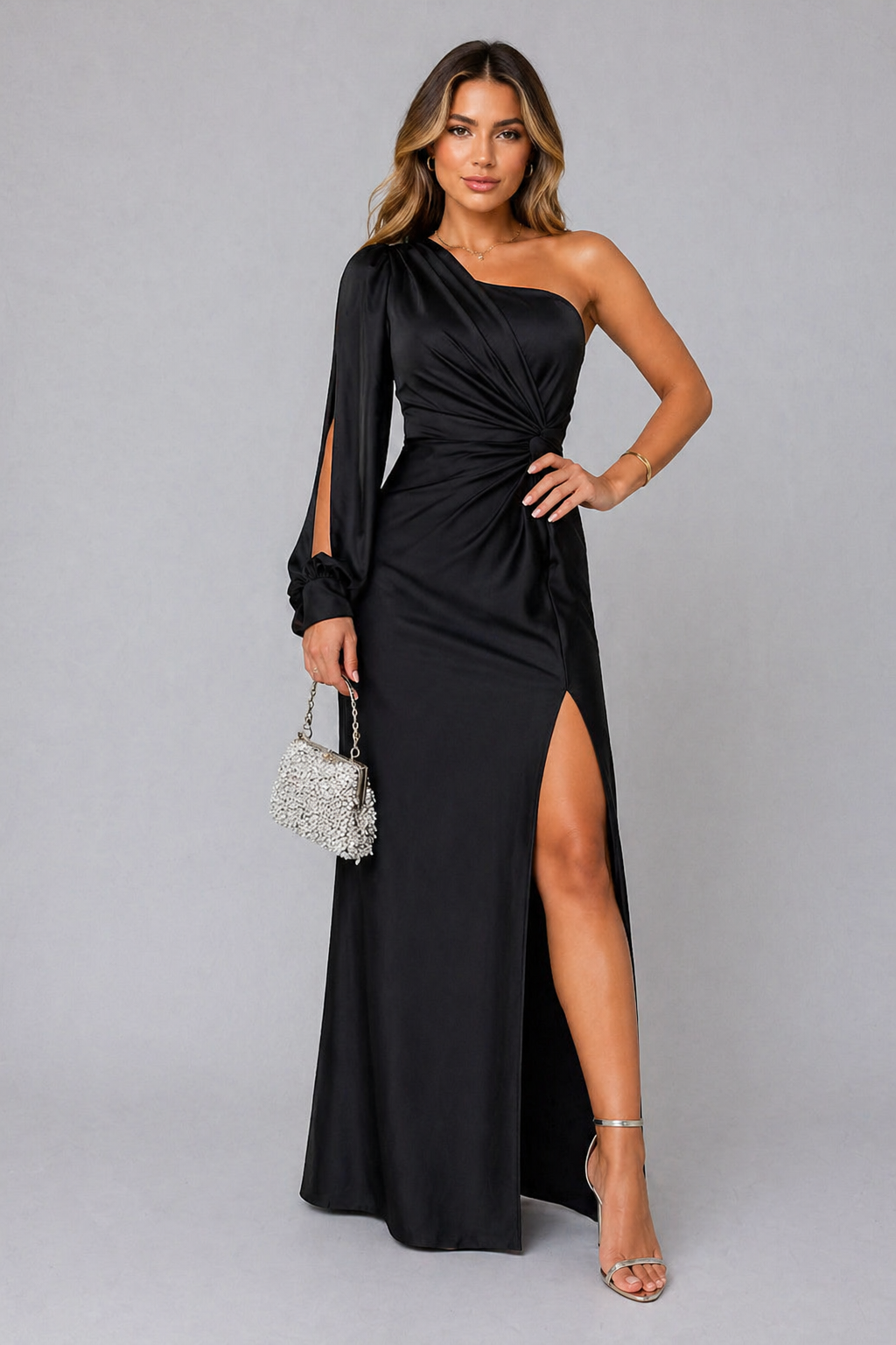 Women’s One-Shoulder Maxi Wedding Guest Dress | Formal Gown with Thigh High Slit