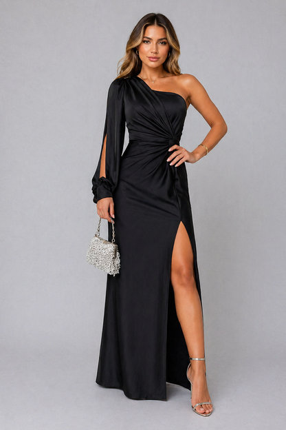 Women’s One-Shoulder Maxi Wedding Guest Dress | Formal Gown with Thigh High Slit