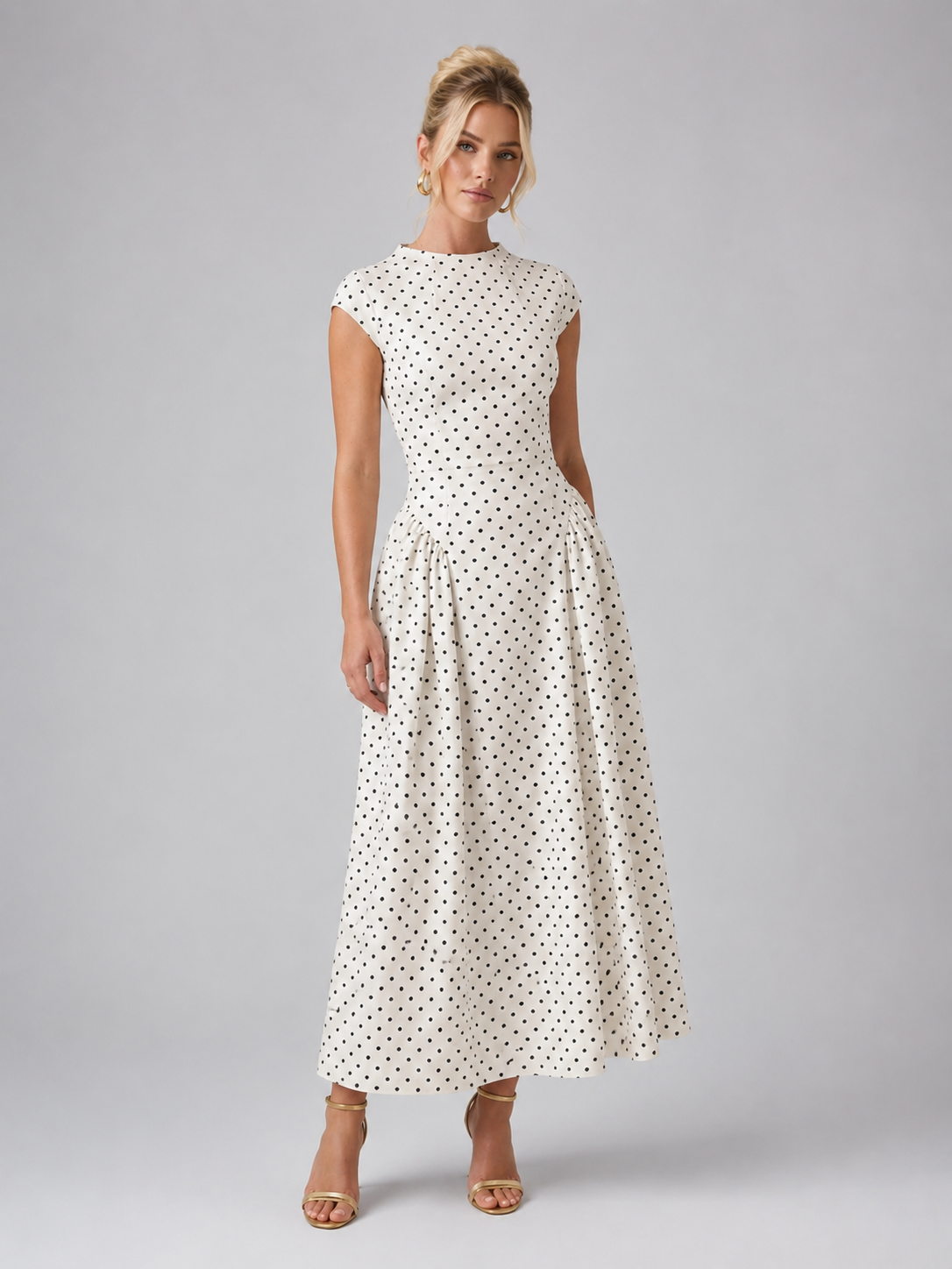 Women’s Vintage White Polka Dot Maxi Dress | Cap Sleeves
