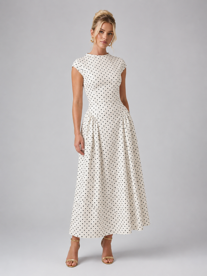Women’s Vintage White Polka Dot Maxi Dress | Cap Sleeves