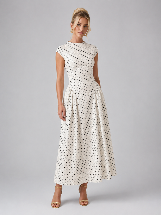 Women’s Vintage White Polka Dot Maxi Dress | Cap Sleeves
