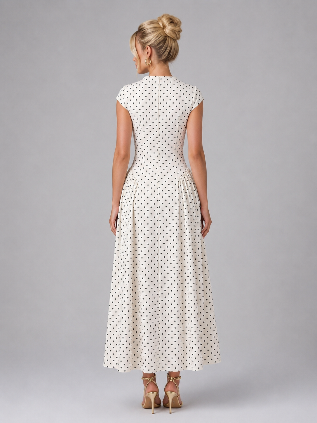 Women’s Vintage White Polka Dot Maxi Dress | Cap Sleeves