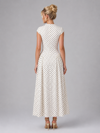 Women’s Vintage White Polka Dot Maxi Dress | Cap Sleeves
