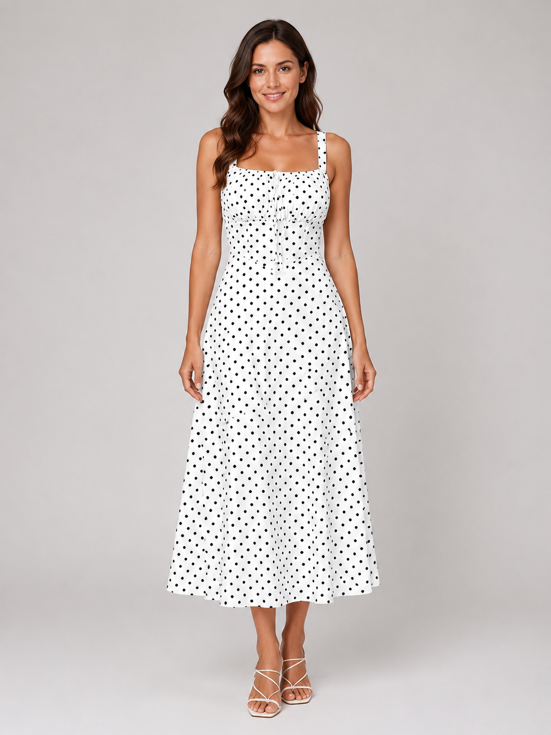Women's White Polka Dot Summer Midi Dress | Square Neck