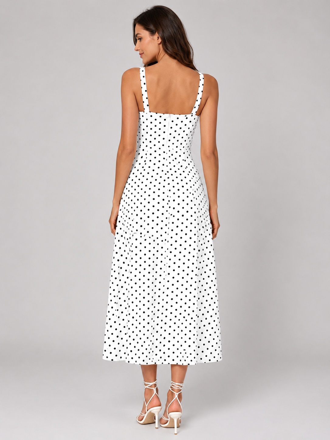 Women's White Polka Dot Summer Midi Dress | Square Neck