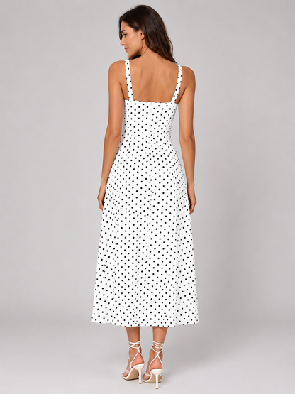 Women's White Polka Dot Summer Midi Dress | Square Neck