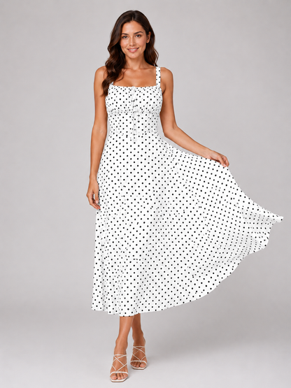 Women's White Polka Dot Summer Midi Dress | Square Neck