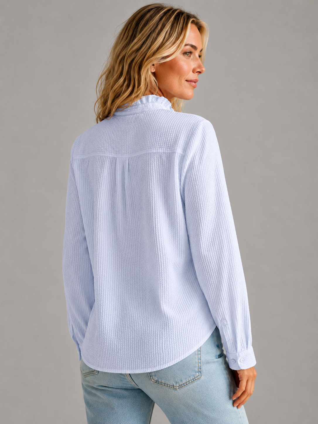 Women's Vertical Stripe Ruffle Trim Blouse | Long Sleeve