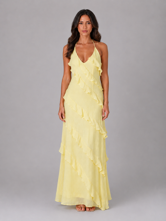 Women’s Yellow Halter Neck Ruffle Dress | Maxi