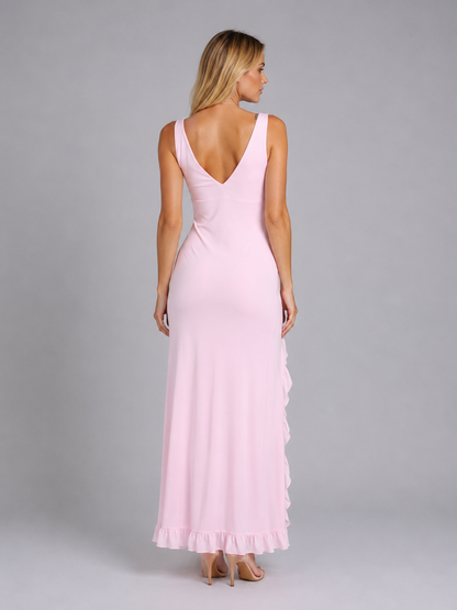 Women's V-Neck Ruffle High-Slit Maxi Dress | Wedding Guest Gown