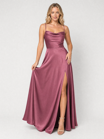Women’s Cowl Neck Formal Evening Gown | with High Thigh Slit
