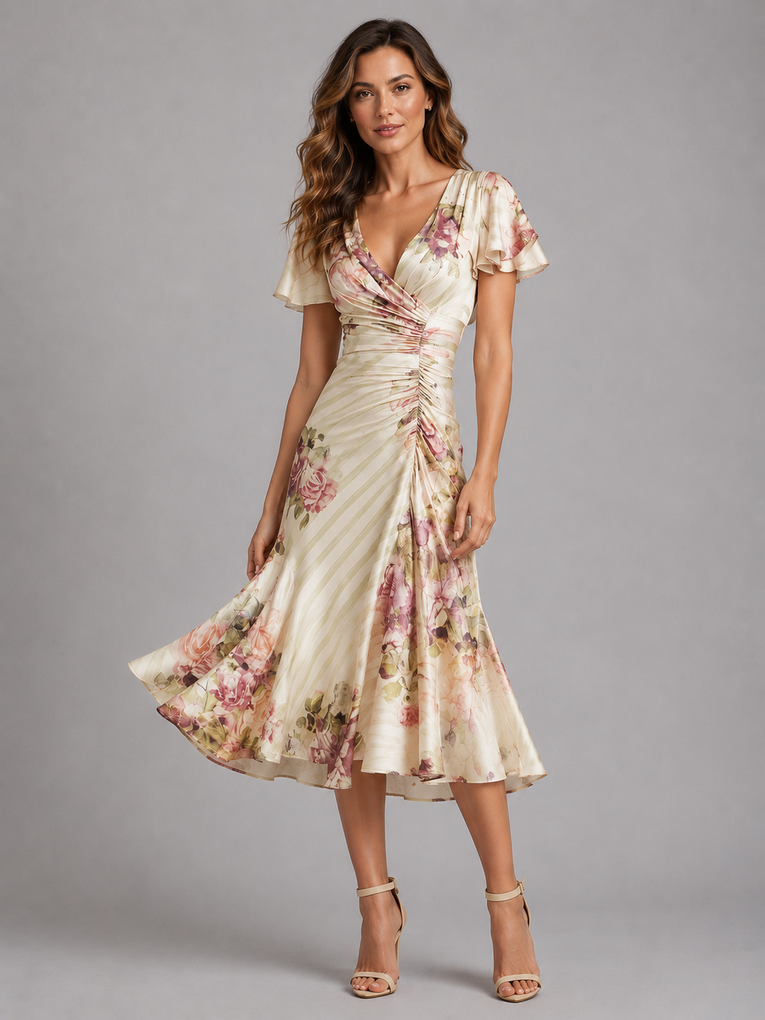 Women's V-Neck Summer Floral Wrap Dress | with Ruched Waist