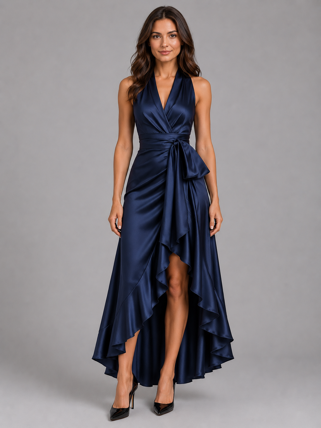 Women’s Ruffle Halter Evening Maxi Dress | with Tie Waist